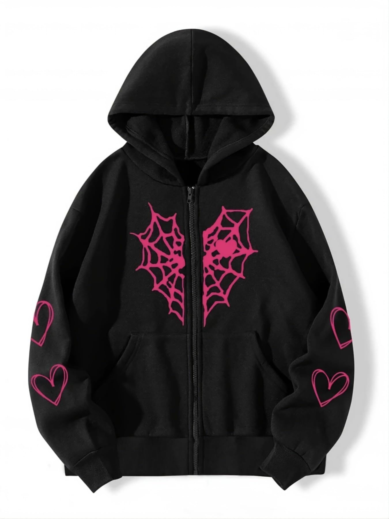 Gothic Spider Web Heart Print Zip Hoodie - Harajuku Punk Oversized