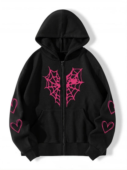 Gothic Spider Web Heart Print Zip Hoodie - Harajuku Punk Oversized