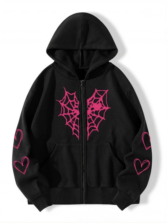 Gothic Spider Web Heart Print Zip Hoodie - Harajuku Punk Oversized