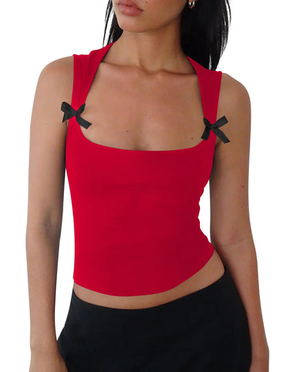 KIGRAD Y2K Bow Scoop Neck Crop Top
