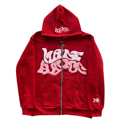 ZENMANCHEN Puff Print Zip Hoodie - Y2K Vintage Red XXL
