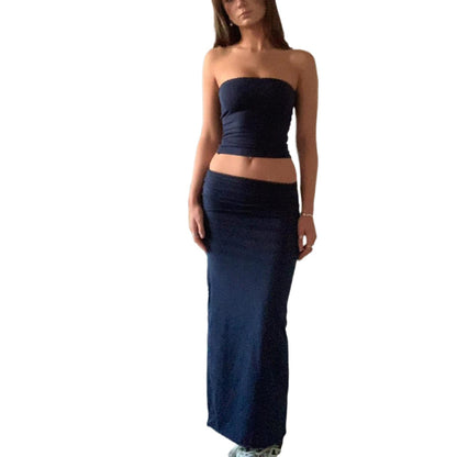 Women's Y2K Strapless Crop & Midi Skirt Set - J-Black