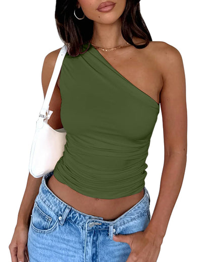 Y2K One Shoulder Slim Fit Top in Army Green